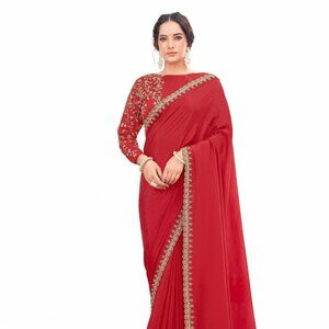 Elegant Red Crepe Satin Silk Saree with Intricate Handwork for Weddings
